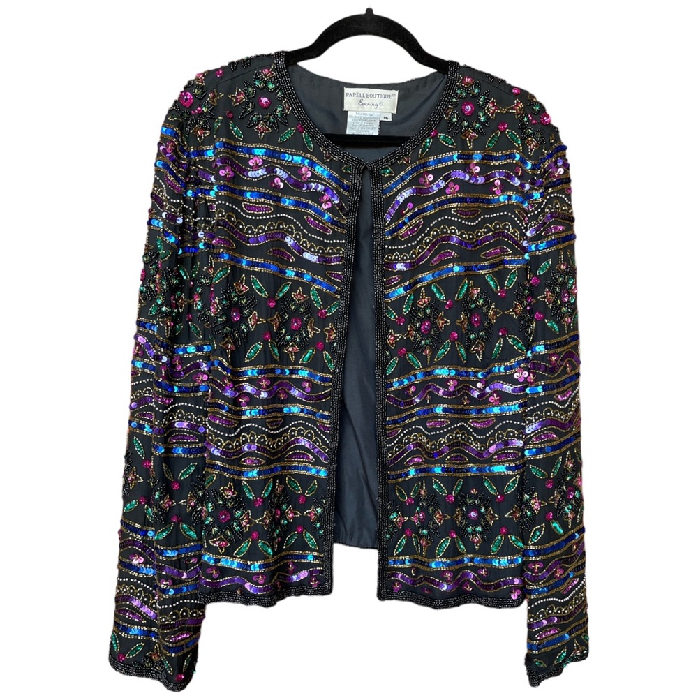 Adrianna Papell Vintage Evening Jacket Womens Size 16 Black Silk Sequin Beaded
